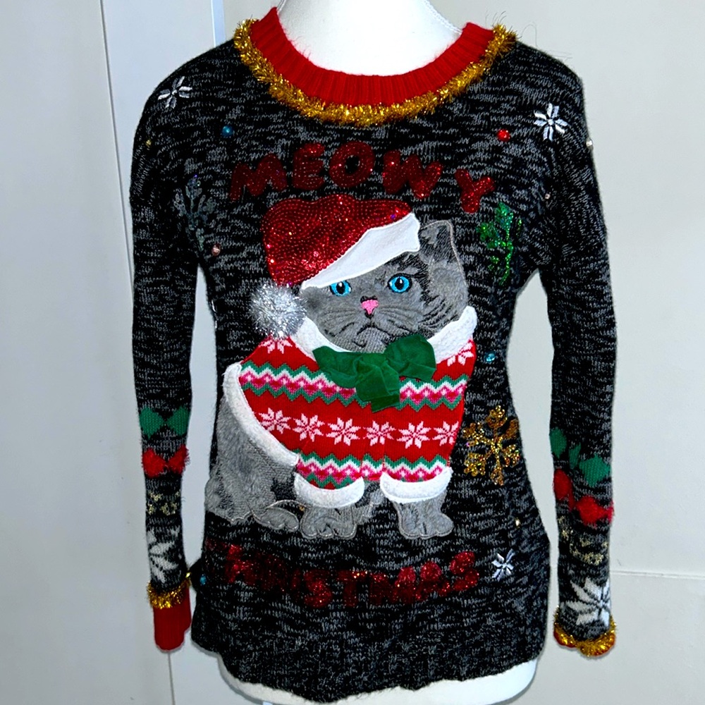 Ugly Christmas sweater “meowy Christmas” Cat sparkle holiday sweater
